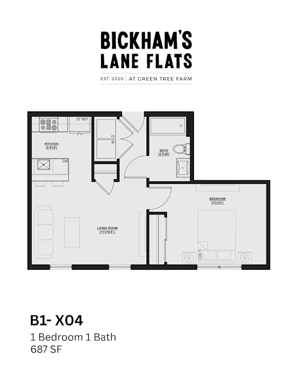 A floor plan for a 1 bedroom 1 bath apartment at Bickham's Lane Flats.