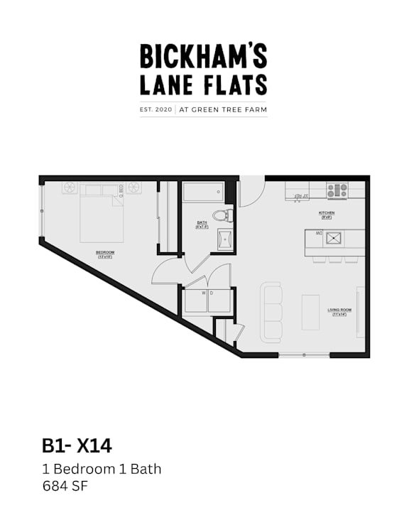 A floor plan for a one bedroom apartment with one bathroom and 684 square feet.