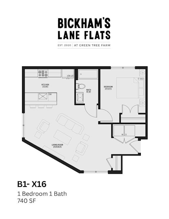 A floor plan for a one bedroom apartment with one bathroom.