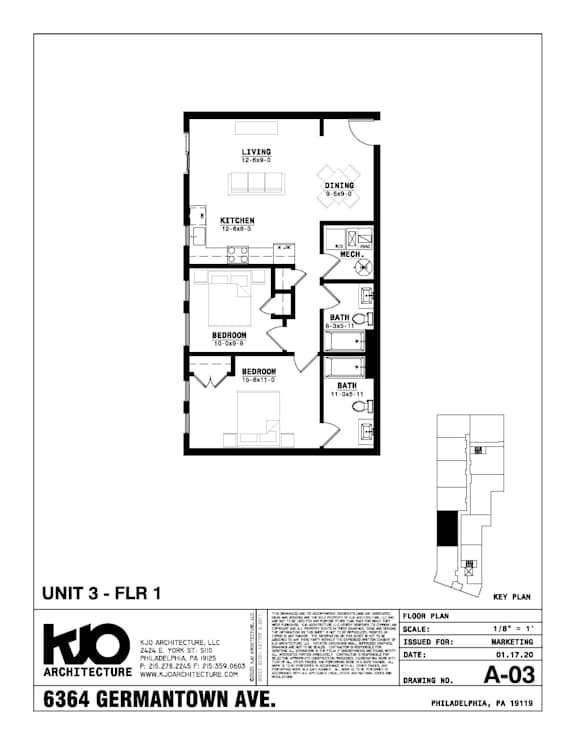 A drawing of a floor plan for a unit at 6364 Germantown Ave.