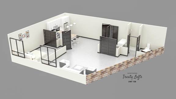 A 3D rendering of a modern apartment layout.