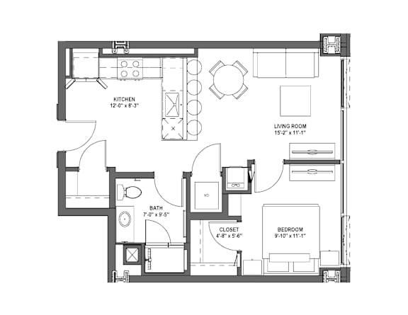 A black and white image of a floor plan for a house with a kitchen, living room, bathroom, closet, and bedroom.