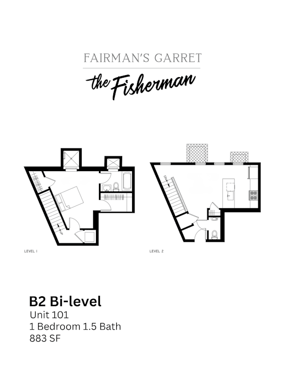 A diagram of a two-level apartment with a bedroom and bathroom on the first floor and a living area on the second floor.