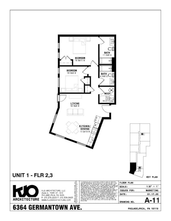 A drawing of a floor plan for a unit at KJO Architecture.