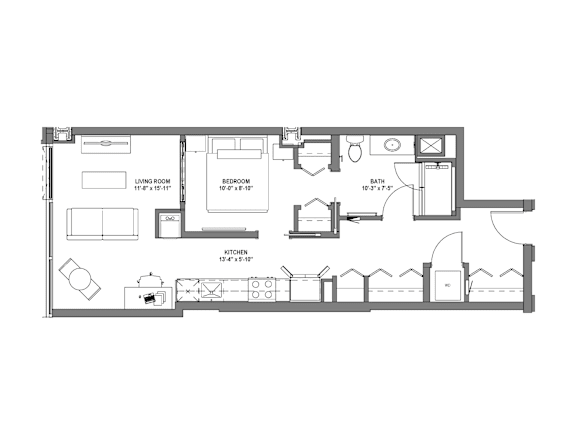 A floor plan of a house with a living room, bedroom, bathroom, and kitchen.