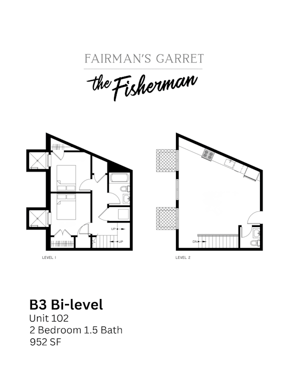 A black and white image of a floor plan for a unit at Fairman's Garret.