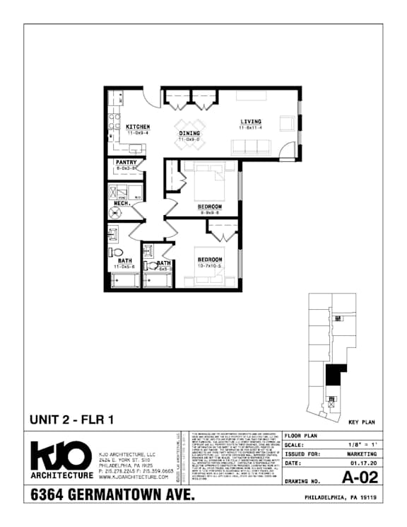 A drawing of a floor plan for a unit numbered 2-FLR1.