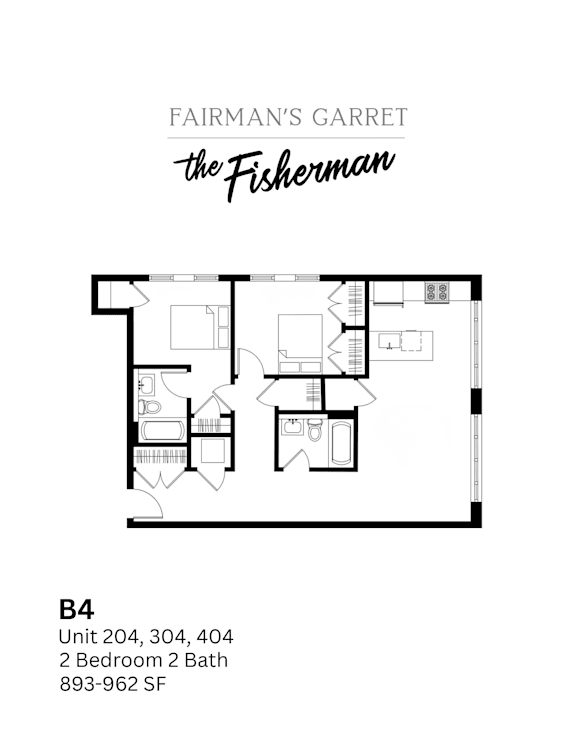 A black and white drawing of a floor plan for an apartment at Fairman's Garret.