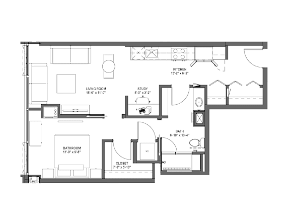 A floor plan of a house with a living room, kitchen, bathroom and closet.
