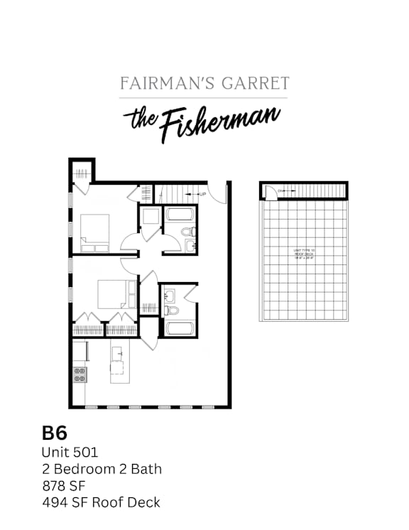 A black and white image of a floor plan for a unit at Fairman's Garret the Fisherman.