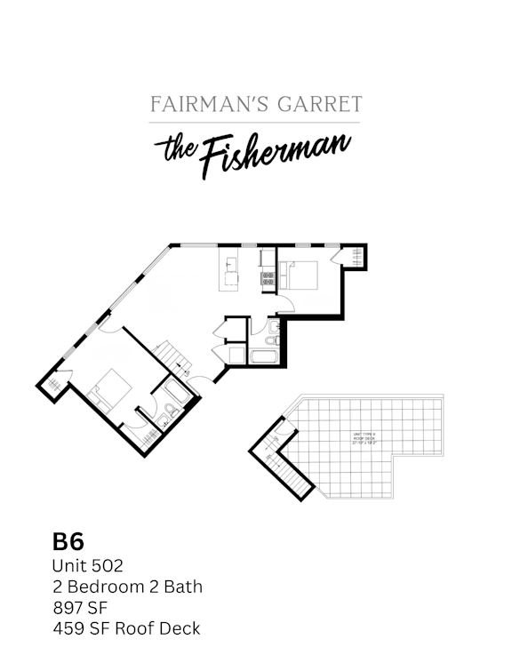 A drawing of a floor plan for a unit at Fairman's Garret the Fisherman.