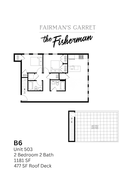 A drawing of a floor plan for a unit at Fairman's Garret the Fisherman.
