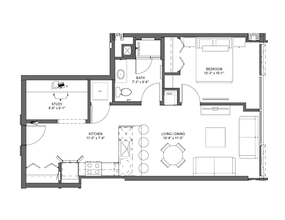 A floor plan of a house with a study, kitchen, living/dining area, and bedroom.
