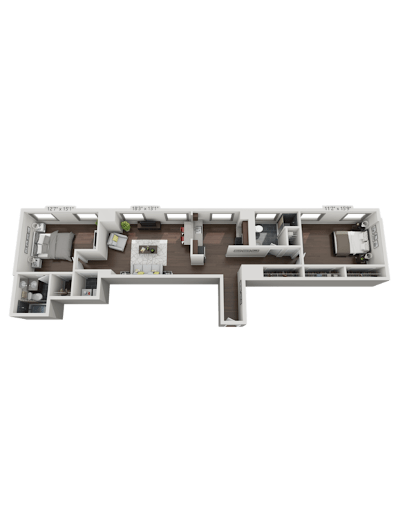 A 3D layout of a house with rooms labeled.