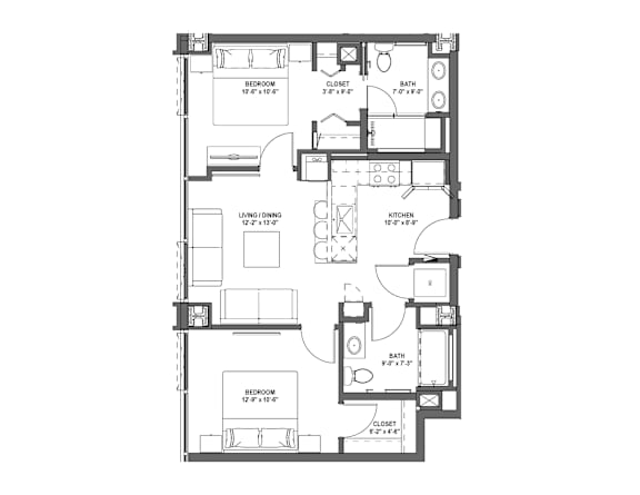 2 Bed 2 Bath Floor Plan at 17 Market West, Philadelphia, PA