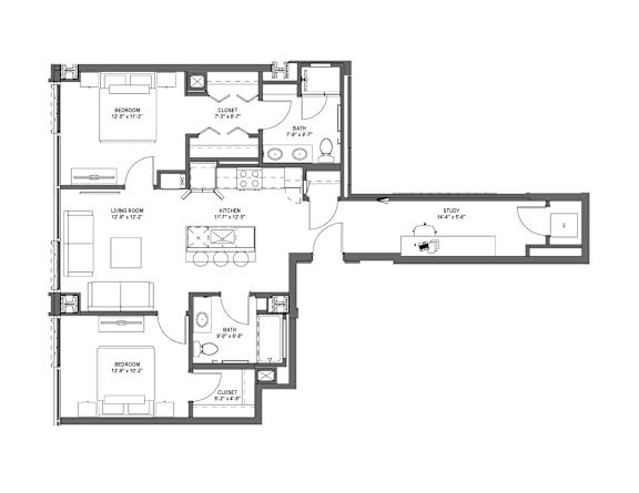 A floor plan of a house with a bedroom, living room, kitchen, and bathroom.