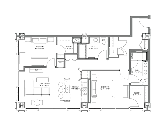 A floor plan of a house with a living room, kitchen, dining room, and three bedrooms.