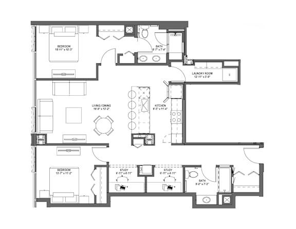 A floor plan of a house with labeled rooms and dimensions.