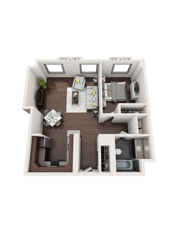 Floor Plan  A 3D floor plan of a house with a living room, kitchen, and two bedrooms.