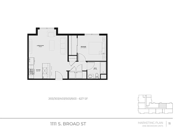 A black and white floor plan of a one bedroom apartment.