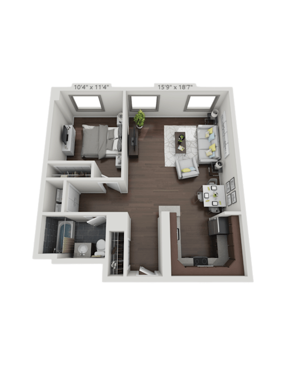 Floor Plan  A 3D floor plan of a small apartment with a kitchen, living room, and two bedrooms.
