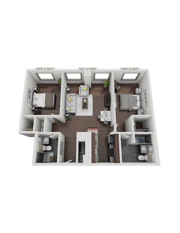Floor Plan  A 3D floor plan of a house with a kitchen, living room, and two bedrooms.