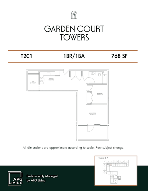 A floor plan for Garden Court Towers shows a layout for floors 3-7.
