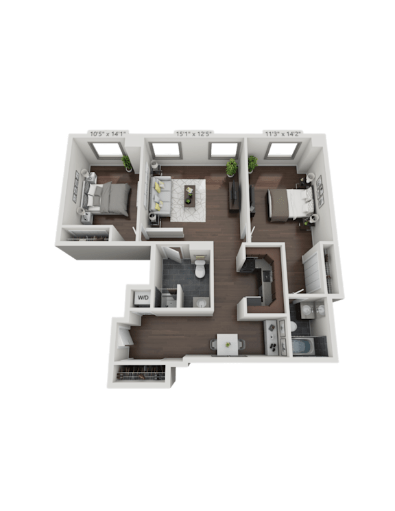 A 3D floor plan of a house with two bedrooms, two bathrooms, a living room, a kitchen, and a dining area.
