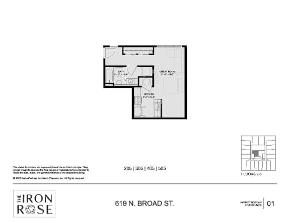 Floor Plan  Studio Floorplan at Iron Rose Apartments, Philadelphia, PA
