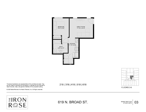 Floor Plan  B1 Studio Floorplan at Iron Rose Apartments, Philadelphia, 19123