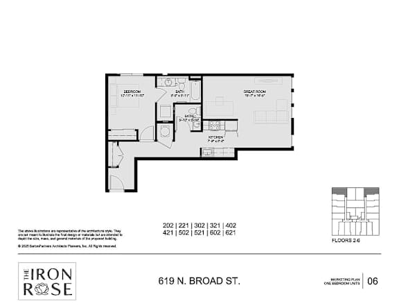 Floor Plan  1 Bedroom 1.5 Bath Floorplan at Iron Rose Apartments, Philadelphia