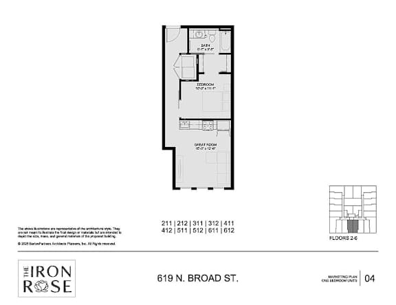 Floor Plan  1 Bed Floorplan aat Iron Rose Apartments, Philadelphia