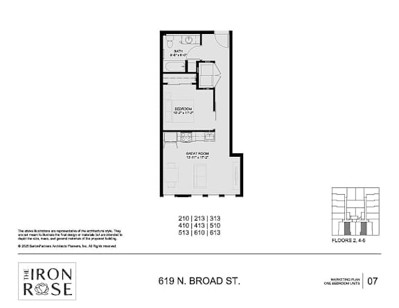 Floor Plan  One Bed Floorplan at Iron Rose Apartments, Pennsylvania, 19123