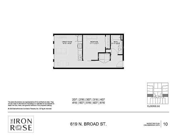 Floor Plan  1 Bed 1 Bath Floorplan at Iron Rose Apartments, Philadelphia, PA