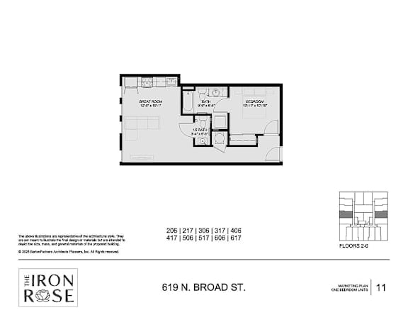 Floor Plan  1 Bed 1.5 Bath Floorplan at Iron Rose Apartments, Philadelphia, 19123