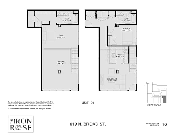 Floor Plan  Two Bed Floorplan at Iron Rose Apartments, Pennsylvania, 19123