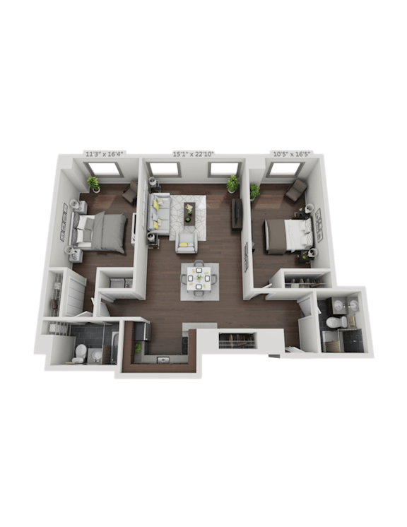A 3D floor plan of a house with a central living area and bedrooms.