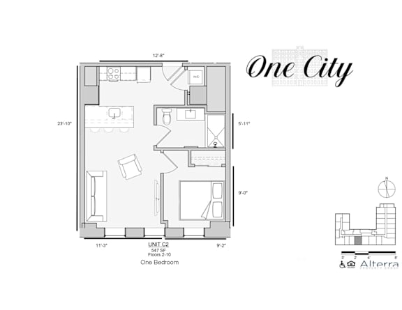 Floor Plan  A floor plan for a small apartment with one bedroom and one bathroom.