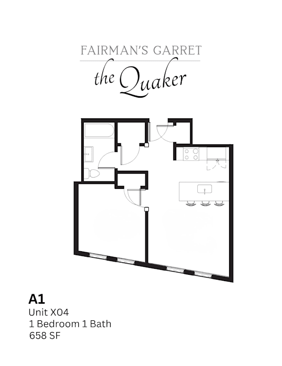 A floor plan for a unit at Fairman's Garret the Quaker.