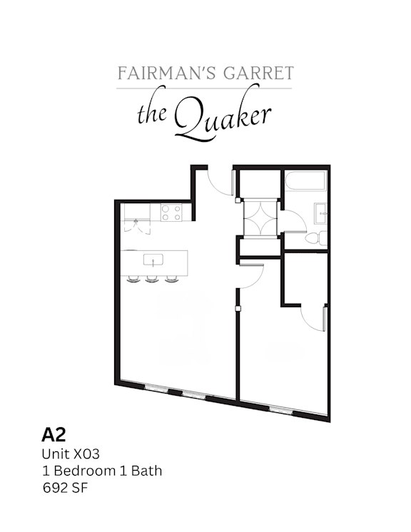 A floor plan for a unit at Fairman's Garret the Quaker.