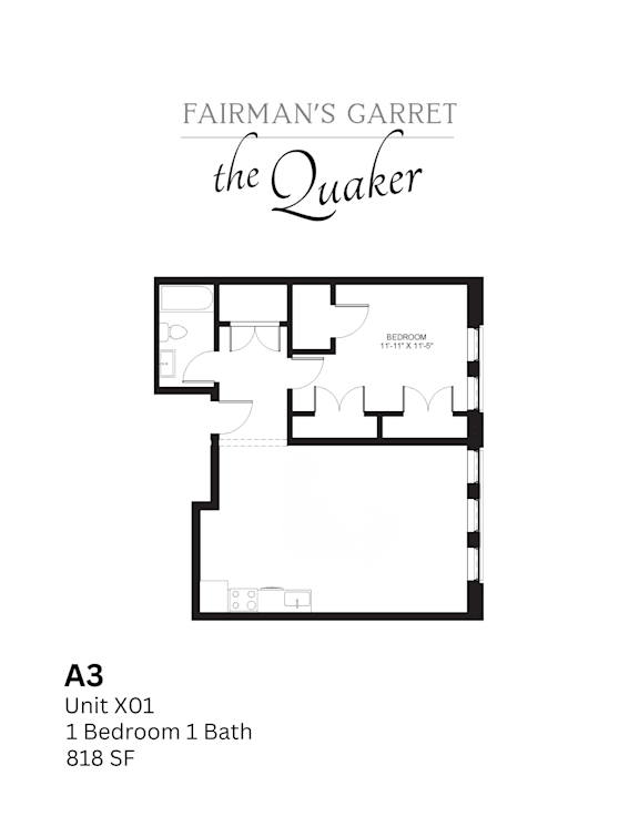 A drawing of a floor plan for a unit at Fairman's Garret the Quaker.