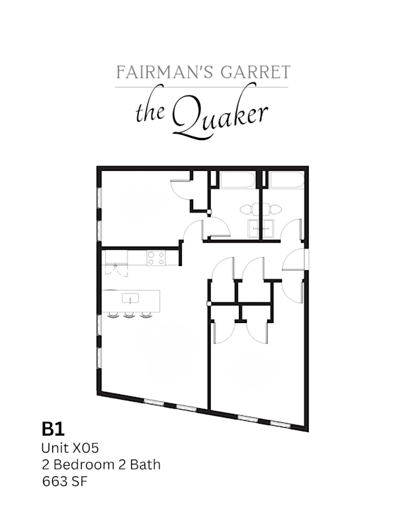 A floor plan for a unit at Fairman's Garret the Quaker shows a 2 bedroom, 2 bathroom unit.
