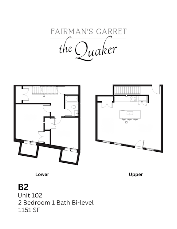 A floor plan for a unit at Fairman's Garret the Quaker shows two bedrooms and one bath on the lower level and a living room on the upper level.