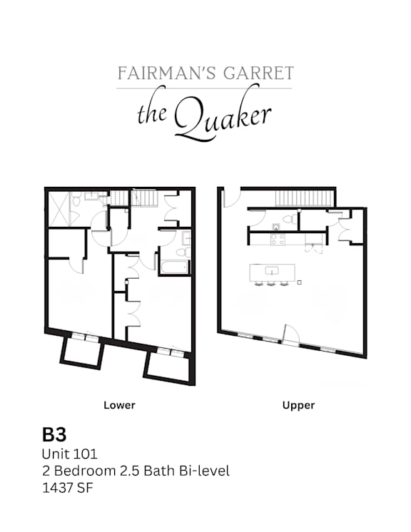 A floor plan for a 2 bedroom apartment at Fairman's Garret the Quaker.