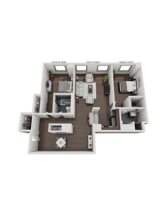 A 3D floor plan of a house with labeled rooms.