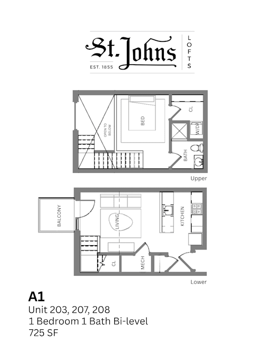 A floor plan for a one bedroom, one bath bi-level apartment at St. Johns Lofts.