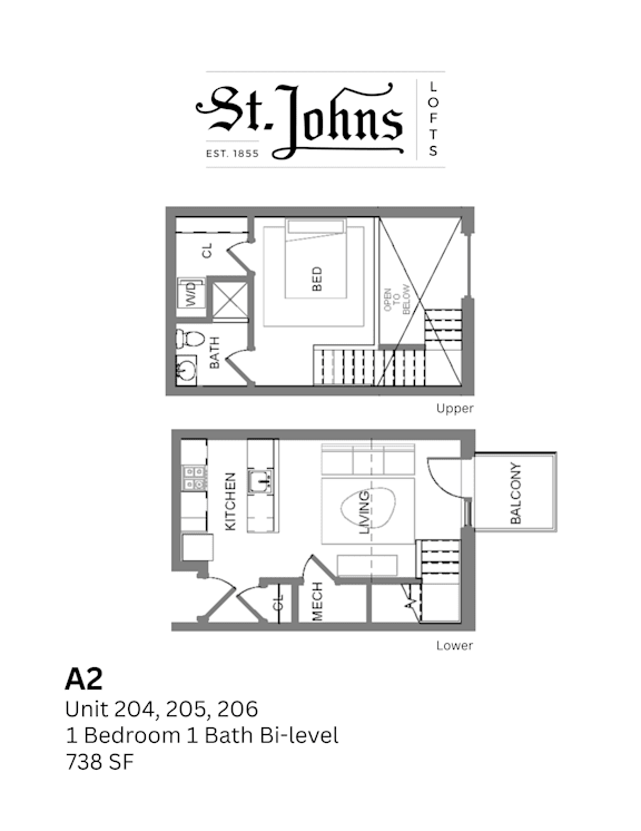 A floor plan for a one bedroom, one bath bi-level apartment at St. Johns Lofts.