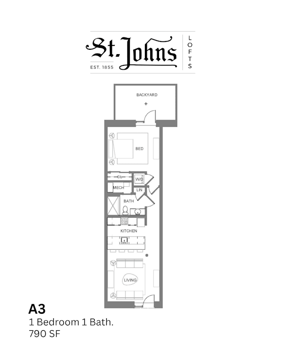 A floor plan for a one bedroom apartment with one bath.