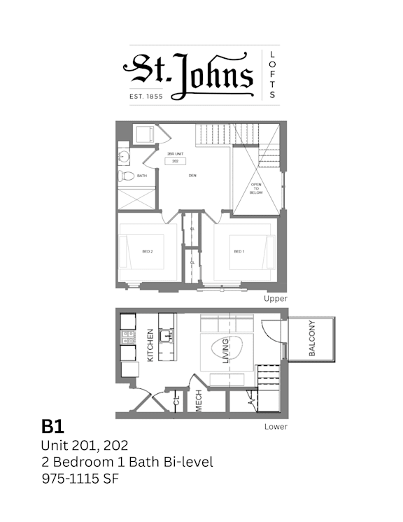 A floor plan for a two bedroom, one bath bi-level apartment.