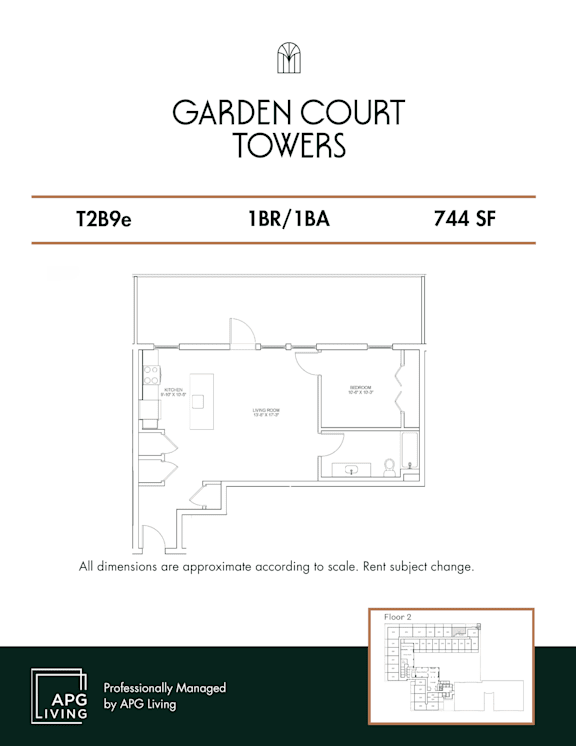 One bedroom one bathroom floor plan 744 square feet at Garden Court Towers Apartments, Philadelphia, PA 19143